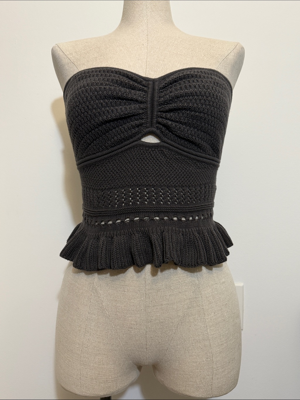 Aerie Black Knit Strapless Peplum Crop Top